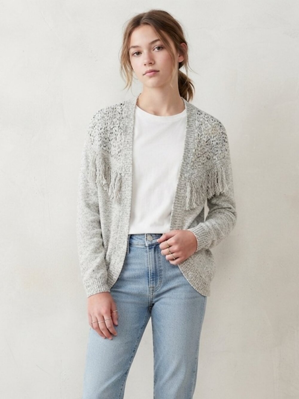 Cat & Jack Fringe Open Front Knit Cardigan Sweater Cream Gray -Girls Large 10/12